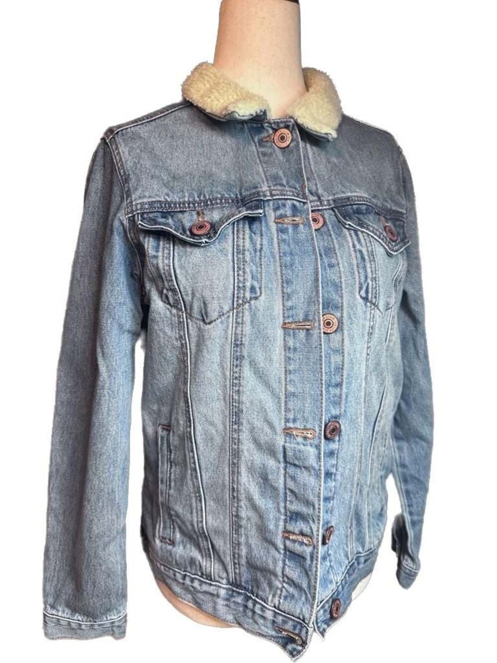 Forever 21 Women's Light Wash Sherpa Collar Denim Trucker Jacket Size Small